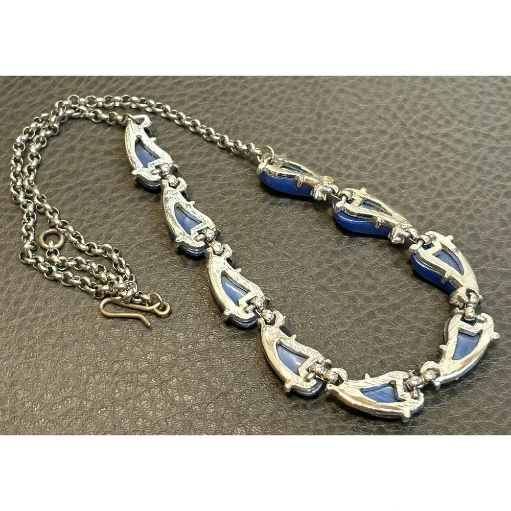 Vintage 1950's Blue Lucite Moon Glow Necklace Silver Tone Rhinestone Adjustable